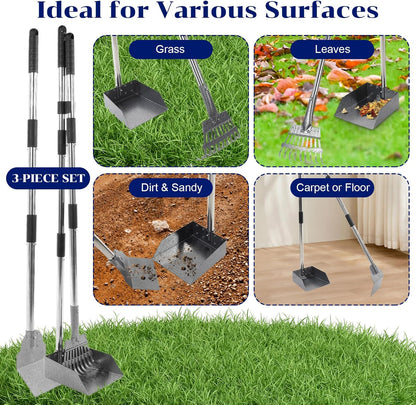 3 Pcs Dog Pooper Scooper Tray Shovel & Rake Kit, Heavy Duty Dog Poop Scooper with Adjustable Metal Long Handle, Portable Large Dogs Poop Picker Upper for Yard, Walks, Grass & Garden Leaves