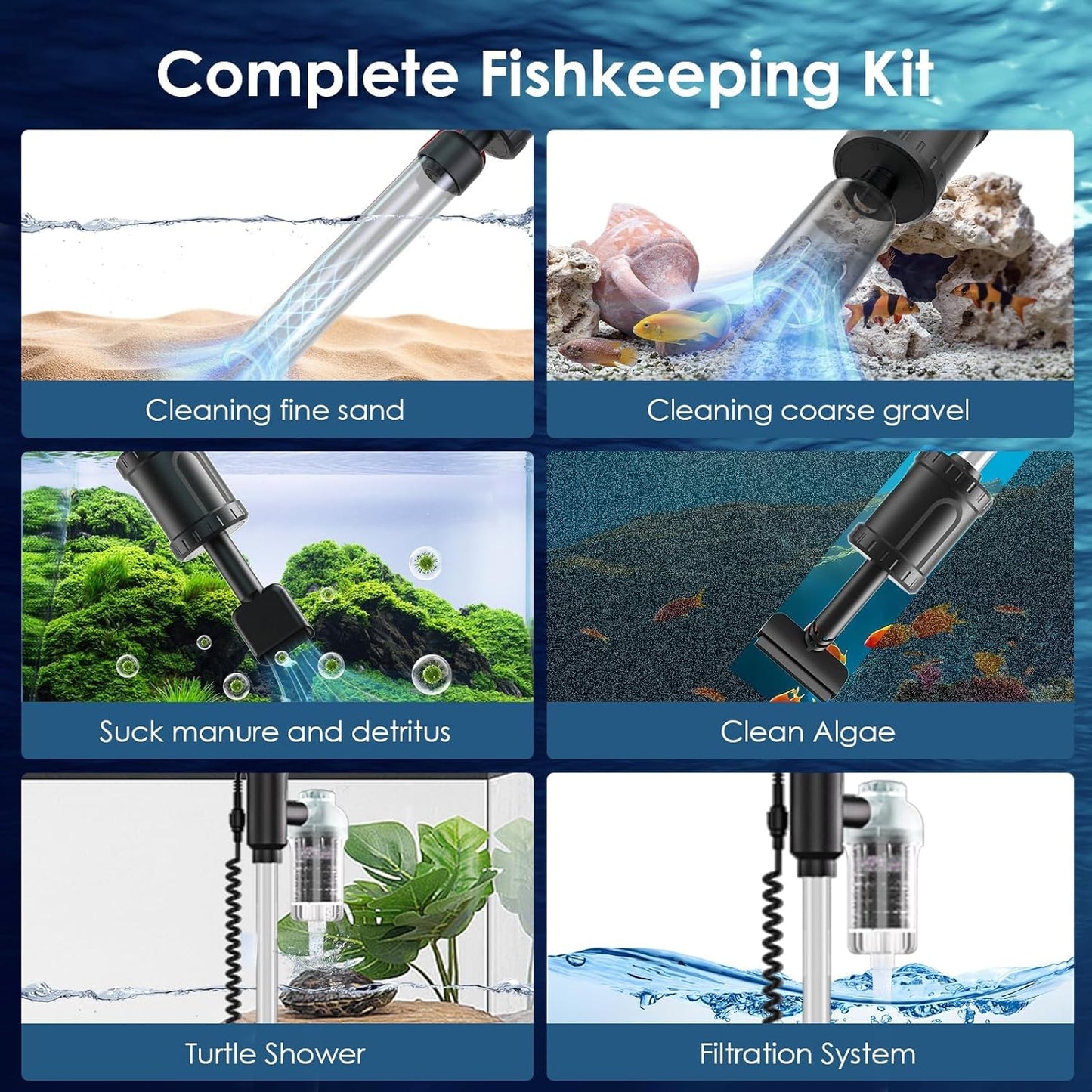 AKKEE Aquarium Vacuum Gravel Cleaner Handle Control 8 in 1 Multifunctional 36W Fish Tank Gravel Cleaner Vacuum for Water Changer Wash Sand Water Filter Circulation Aquarium Clean Timed Off Waterproof
