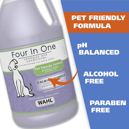 Wahl USA 4-in-1 Calming Pet Shampoo for Dogs with a Lavender Chamomile Scent – Cleans, Conditions, Detangles, & Moisturizes - Pet Friendly Formula – 64 Oz - Model 821000-050