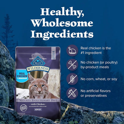 Blue Buffalo Wilderness Natural Adult Dry Cat Food, High-Protein and Grain-Free Diet, Supports Healthy Muscle Development and a Healthy Immune System, Chicken, 12-lb. Bag