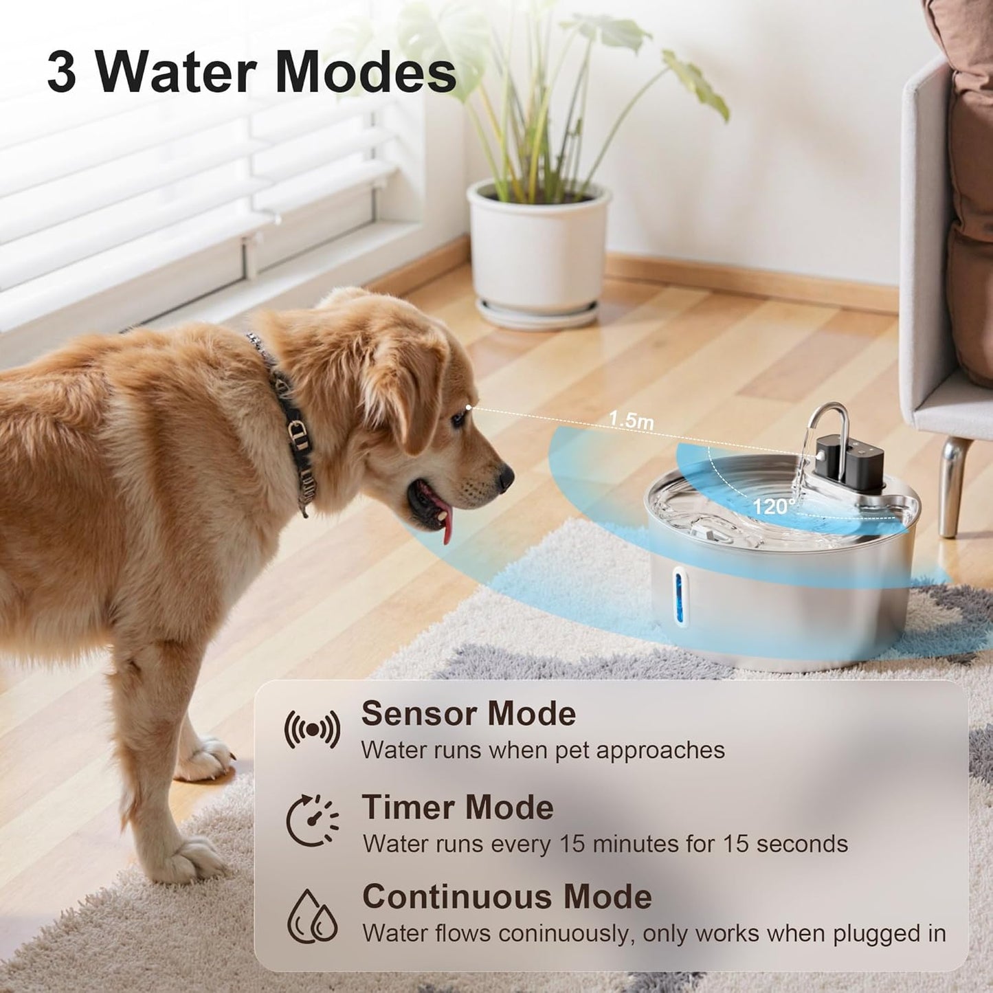Casfuy PWL-009 Wireless Smart 3 Water Modes Stainless Steel Dog Water Fountain, 237-oz