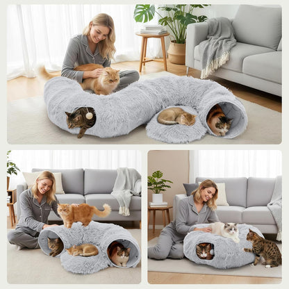 Smug Cat Tunnel Bed for Indoor Cats, Soft Plush Peekaboo Cat Cave Donut Tunnel, Washable Multifunctional Playground Toys Pet Christmas Tree Decoration for Kittens, Rabbit, Ferret (Grey)