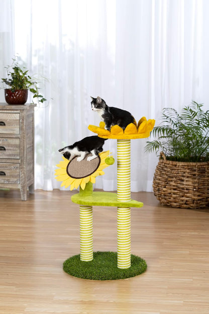 Prevue Pets Sunflower Playground Cat Scratching Post Tree Activity Center with Toy, Green