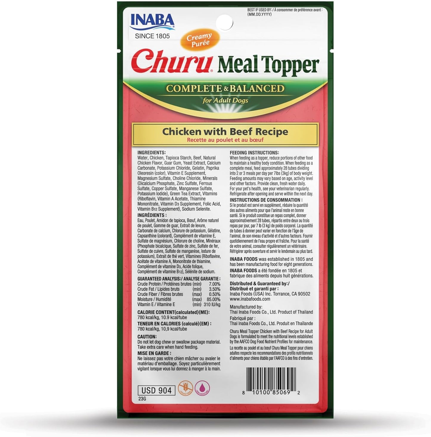 INABA Churu Meal Topper for Dogs, Complete & Balance, Creamy, Lickable Purée Dog Food Topper, 0.5 Ounce Tube, 24 Tubes (4 per Pack), Chicken with Beef Recipe