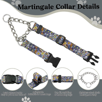 Martingale Dog Collar with Chain Stainless Steel, Nylon Dog Collar Flowers Pattern, Adjustable Training Walking Collar with Quick Release Buckle, Slip Chain Collar for Puppy Medium Large Dogs