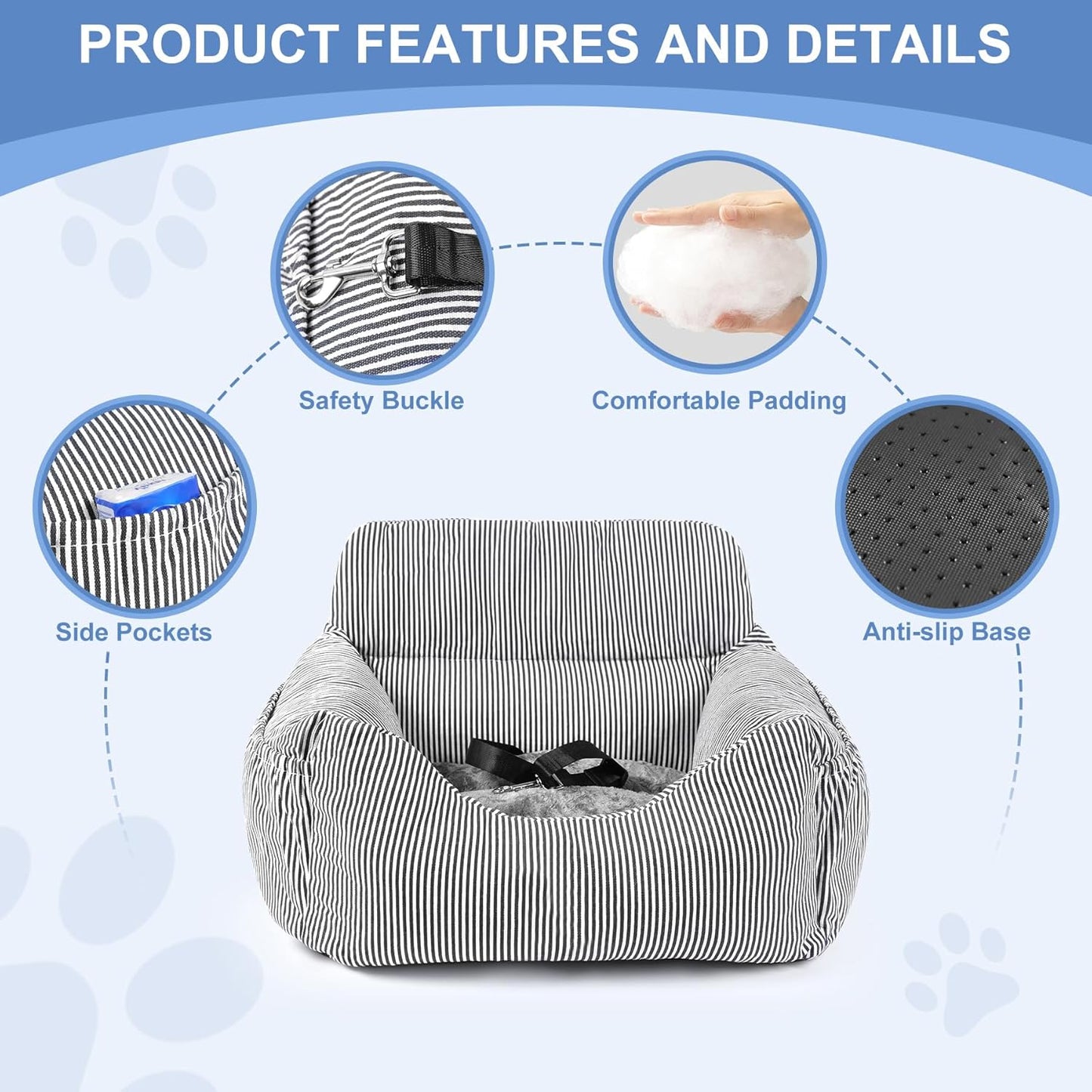 Dog Car Seat for Small Dogs, Pet Booster Seat with Clip-On Safety Leash and Storage Pockets, Washable Travel Dog Car Bed for Puppy （Black）