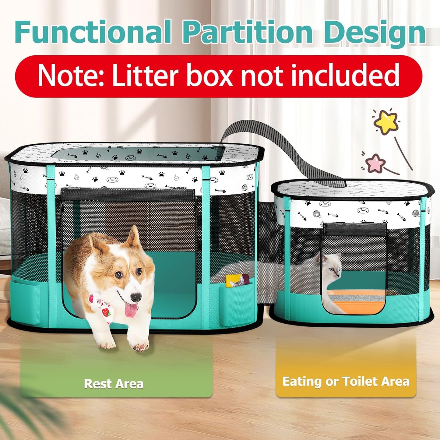 Portable Cat Playpen, Foldable Pet Dog Playpen, for Kitten Puppy Play Pen Indoor/Outdoor, Cats Enclosure Cages Tent with Carrying Case, 600D Oxford 8-Rods, 32"x24"x22"