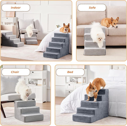 HYLEORY Dog Stairs for Bed 18''H, 4-Step Pet Stairs for Small Dogs & Cats, Sturdy Pet Steps with Non-Slip Bottom, Functional Portable Dog Ramp for Couch/Chair/Sofa/Car, with Storage Pocket, Grey