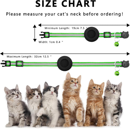 Cat Collar with Air Tag Holder, Reflective Kitten Collar with Bell, Breakaway Airtag Cat Collar for Boys Girls Cats, GPS Tracker for Cats 0.4’’ Width Adjustable Safe Kitty Collar, Light Green