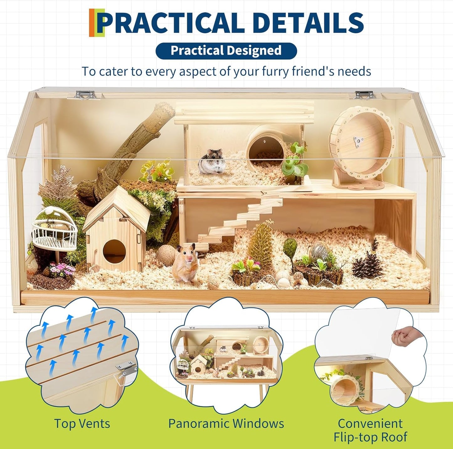 Chew-Proof Acrylic Window & Openable Top - Wooden Hamster Cage with Legs - Spacious Small Animal Habitat for Dwarf Syrian Hamsters, Gerbils, Rats, Guinea Pigs, Chinchillas - Size: 81.28×40.64×101.60cm
