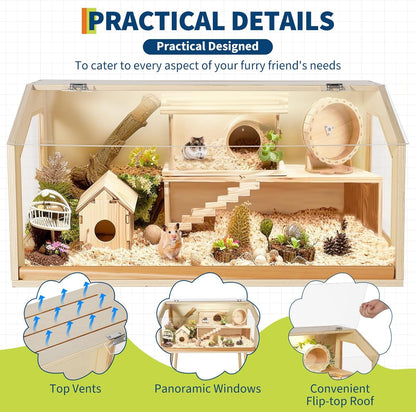 Chew-Proof Acrylic Window & Openable Top - Wooden Hamster Cage with Legs - Spacious Small Animal Habitat for Dwarf Syrian Hamsters, Gerbils, Rats, Guinea Pigs, Chinchillas - Size: 81.28×40.64×101.60cm