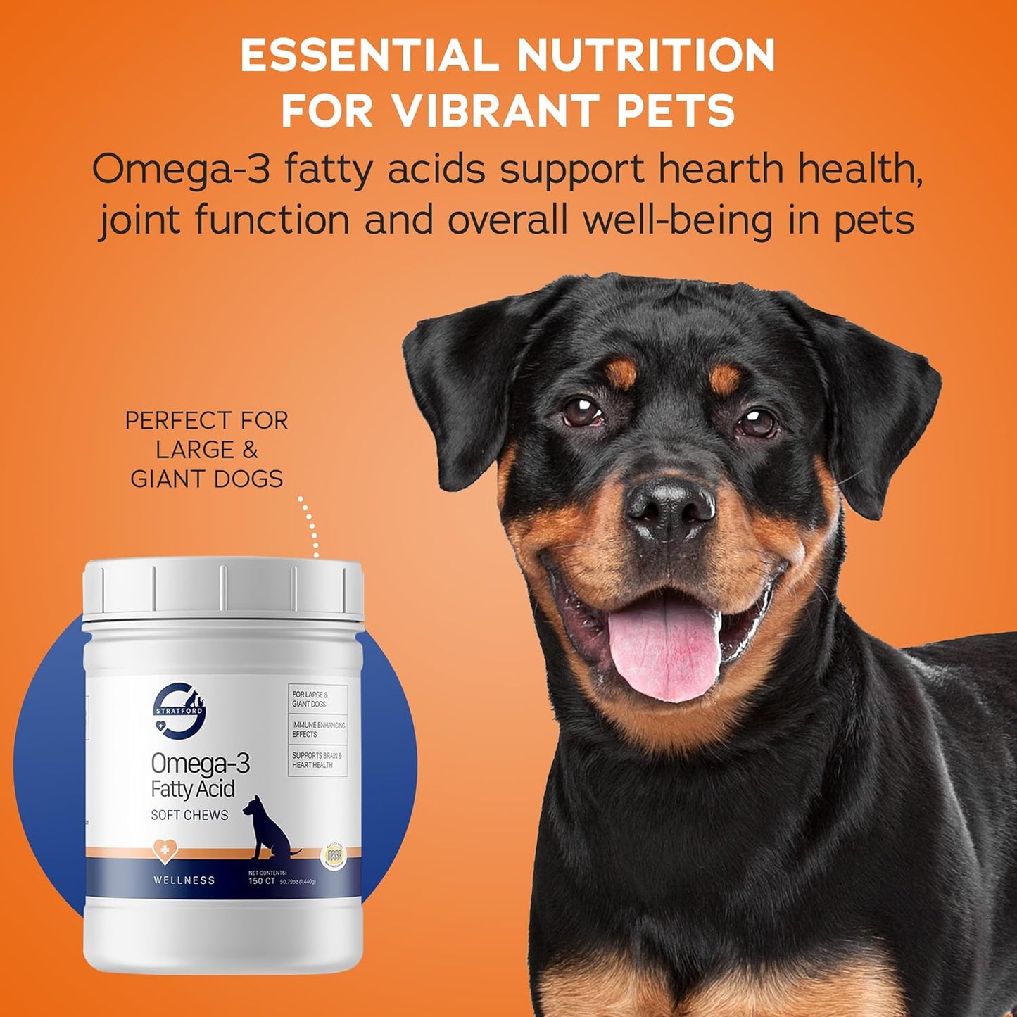 Stratford Pharmaceuticals EZ Chew Omega 3 Fatty Acid Soft Chew Max Strength - Dog Omega 3 Supplement - Soft Chew Treats with Fish Oil for Dogs - Large and Giant Dogs - 150 Soft Chews
