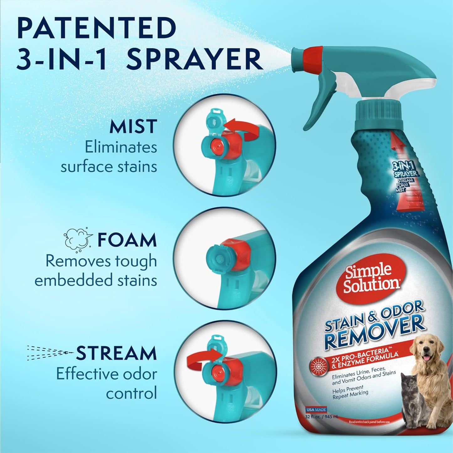 Simple Solution Stain & Odor Eliminator for Pets, Carpet Deodorizer, Enzyme Pet Odor Eliminator for Home, Stain Remover for Cat & Dog Pee, Urine Destroyer, Carpet Cleaner Spray, 32 oz