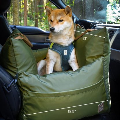 4 Cats & Dogs Marco Travel Pet Bed – Dog Car Seat for Small & Medium Dogs, Waterproof, Faux Fur Cushion, Safety Belt, Washable Cover, Storage Pockets, Booster Seat (Army, Single Seater 18.5" x 21")