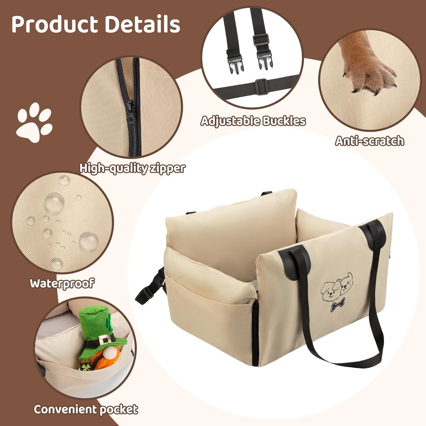 FEXIA Small Dog Car Seats for Small Dogs, Waterproof Dog Bed with Storage Pockets, Clip on Safety Leash and Thickened Memory Foam Filling, Pet Car Seat Puppy Travel Carrier Bed