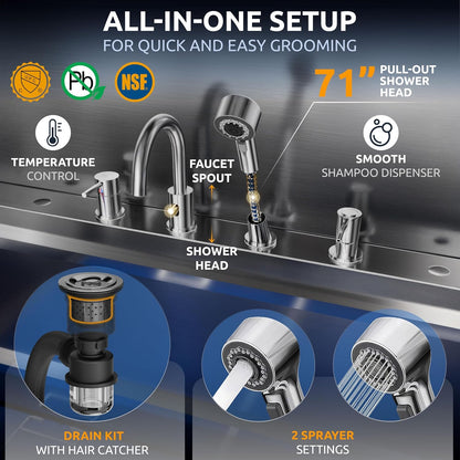 KANIS Professional Dog Washing Station - 304 Stainless Steel Pet Wash Sink & Grooming Bathtub w/Shower, Floor Grates and Storage for Large, Medium & Small Pets (50", 2 Drawers - Right Ramp)