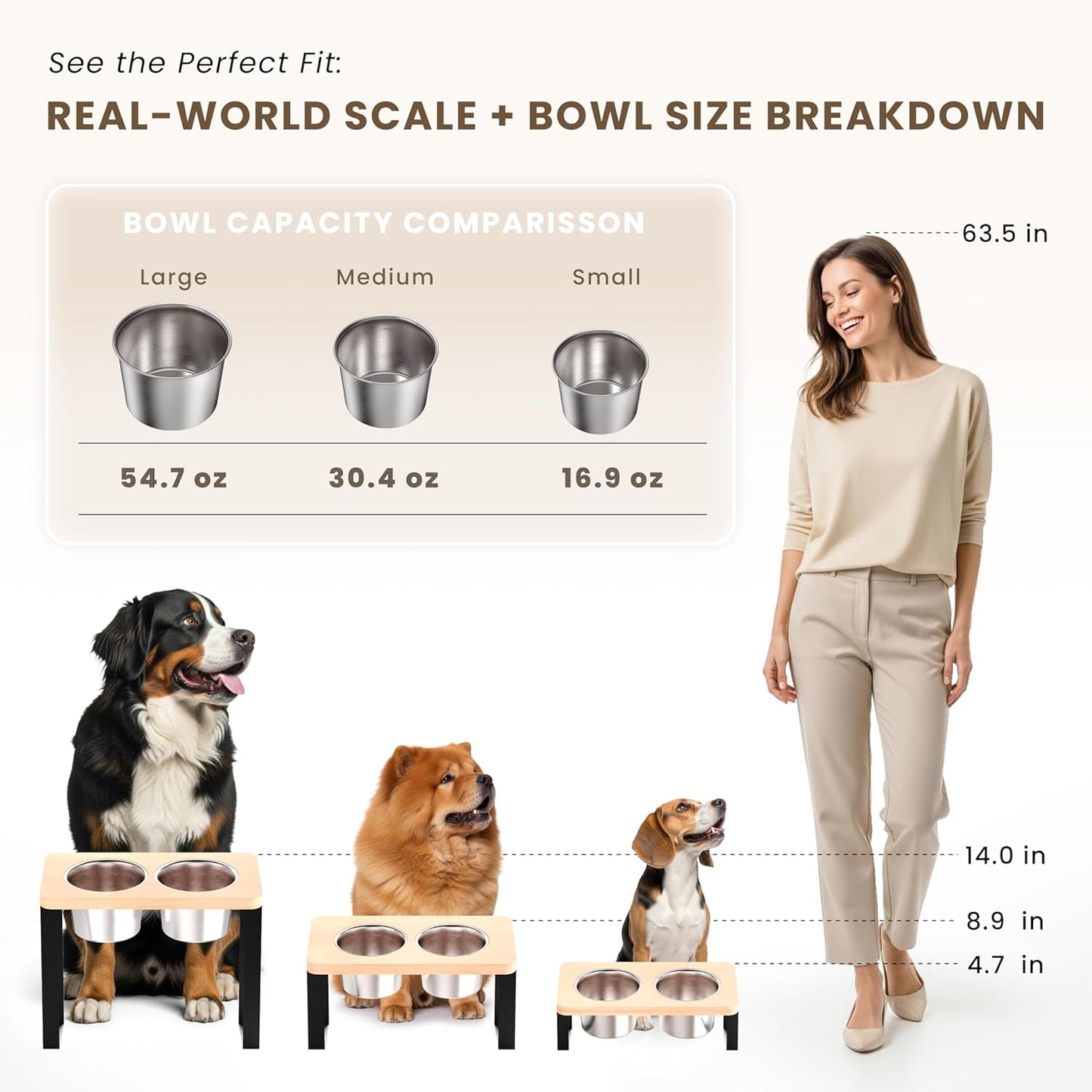 15.9" Tall Elevated Dog Bowls - Ergonomic Stainless Steel Dog Bowls with 10° Tilt in Acacia Wood Stand for Medium Breed