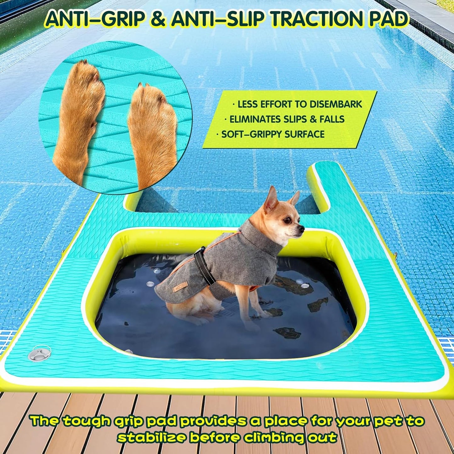 2 in 1 Dog Pool Float & Water Ramp,Upgrated Inflatable Dog Boat Ramp,63" Lx47 W Floating Dock for Medium Large Dog Up to 180LBS,Non-Slip(EVA) for Safety,High Stability,Ladder for Boat,Lake