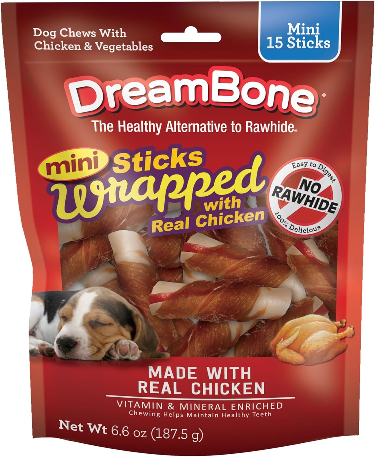 DreamBone Mini Sticks Wrapped With Real Chicken, Rawhide Free Dog Chew Sticks, 15 Count