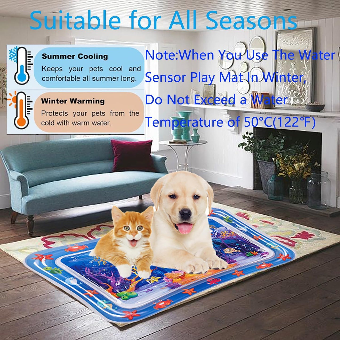 2 Packs Thickened Water Sensor Play Mat for Cats,Cat Cooling Pad Keep Your Pets Cool in The Summer,Cats Water Play Mat with Fish for Pet Play,Cat Water Mat Toy for Kids,Pets(Dolphin Design)