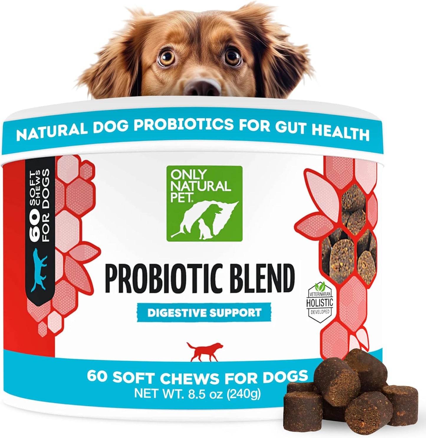 Only Natural Pet Probiotic Dog and Cat Supplement - Digestive & Gut Health Enzyme Formula, Puppy & Canine Digestive Chews, Best for Stomach Relief & Gas Aid - Soft Chews, 60 Count.