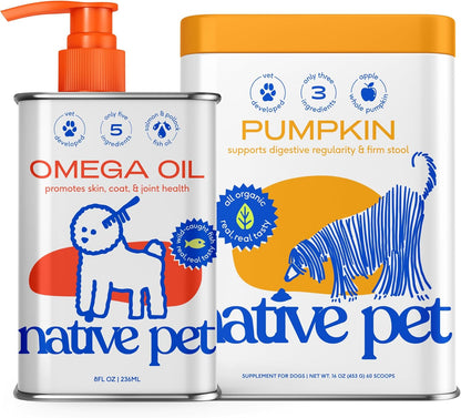 Native Pet Omega Oil for Dogs & Pumpkin for Dogs | Dog Fish Oil Supplements | All-Natural, Organic Fiber for Dogs | 8 Oz. Omega Oil & 16 Oz. Pumpkin Powder