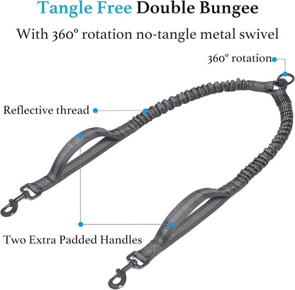 Double Dog Leash with Two Extra Traffic Handles, 360 Swivel No Tangle Dual Dog Walking Leash, Comfortable Shock Absorbing Reflective Bungee for Two Dogs (18~120 lbs, Black)