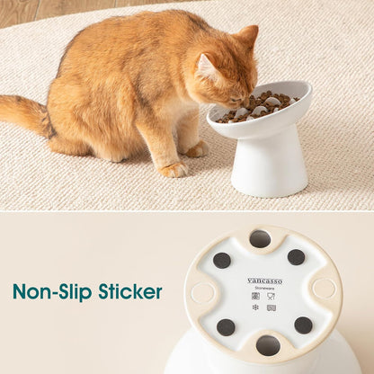 vancasso Ceramic Slow Feeder Cat Bowl, 6.25 Inch Elevated Cat Slow Feeder Bowl, Anti Vomiting for Dry and Wet Food, White