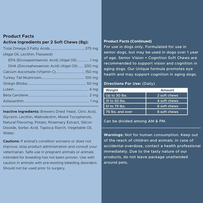 Chew + Heal Labs Senior Dog Vision and Cognition Chews - 60 Soft Chews for Dog Eye Care and Memory - 7-in-1 Multivitamin with Omega Fatty Acids, Vitamins, and Botanicals - Made in The USA