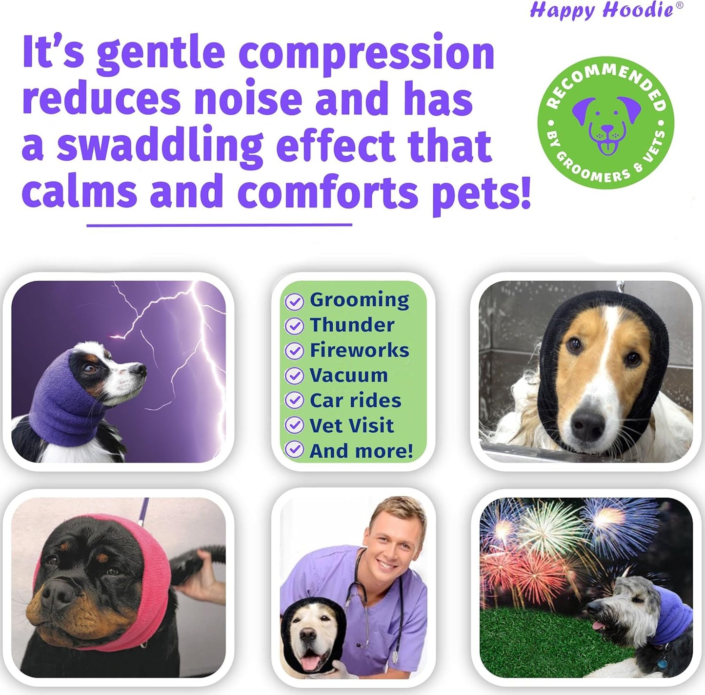 Happy Hoodie The Original Dog & Cat Calming Band - American Brand - Anxiety Relief/Noise Protection-Grooming-Thunder-Fireworks (Large, Blue) - Since 2008