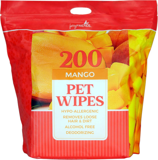 FurryFriends Pet Wipes | Mango | Hypo-allergenic | Alcohol Free| Deodorizing | Removes Loose Hair & Dirt | Incredibly Clean | 200 ct. 1 Pack