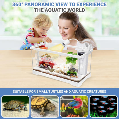 GOZILLA Aquatic Turtle Tank+Lamp+Filter Kit, Upgrade PC Turtle Tank Starter Kit with Adjustable 360°Lamp & Filter,Reptile Habitat Lid,Hanging Platform for Small Reptiles.(15.75×7.9×9''/White)