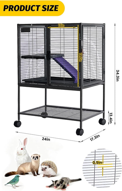 34 Inch High Small Animal Cage for Ferrets, Chinchillas, Hedgehogs - 4 Tier Large Hamster Cage with Removable Ramp, Comfortable Hammock, Extra Storage Stand, and Easy-to-Clean Removable Tray