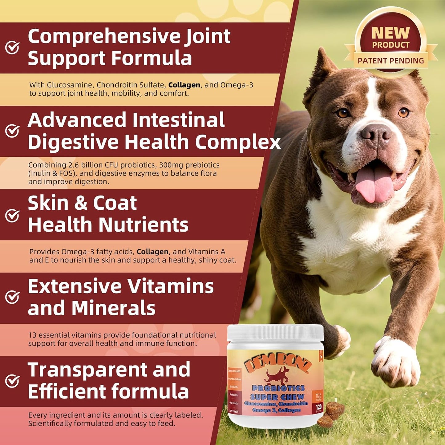 Dembonz Joint Supplement for Dogs – Hip and Joint Chews for Dogs, Glucosamine, Chondroitin, Omega 3, Collagen & Probiotics, Supports Digestion, Immunity, Fur, and Oral, 120 Count