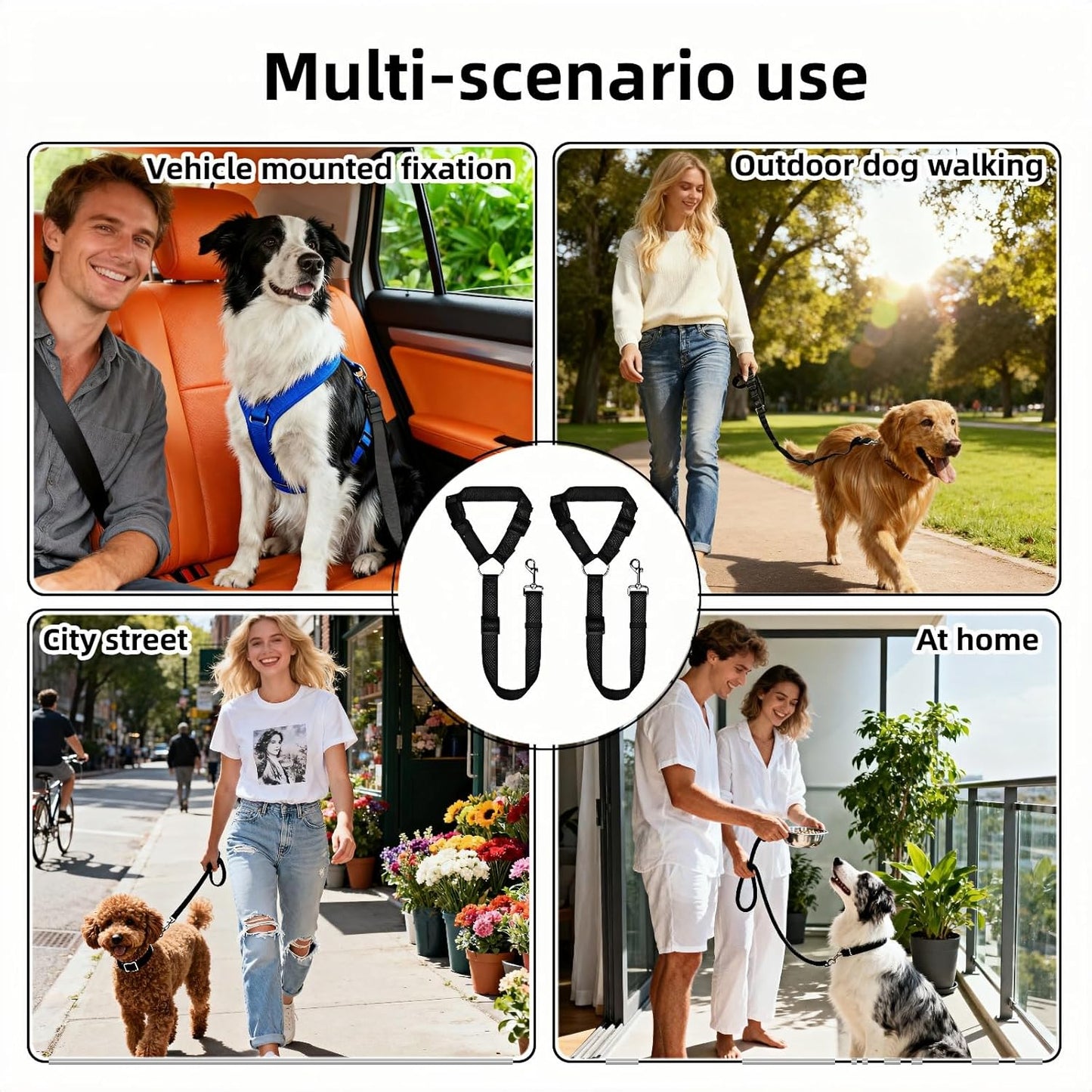 2-in-1 Car Seat Belt for Dogs, Headrest Dog Safety Harness & Leash - Adjustable Nylon Vehicle Pet Restraint, Tangle-Free Travel Solution for Small to Medium Dogs, 2-Pack