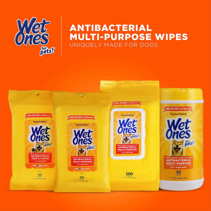 Wet Ones for Pets Multi-Purpose Dog Wipes With Aloe Vera | Dog Wipes For All Dogs in Tropical Splash, Wet Ones Wipes for Paws & All Purpose | 50 Ct Cannister Dog Wipes