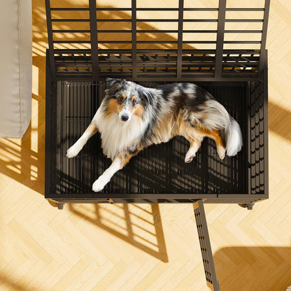 Shintenchi 48 inch Heavy Duty Crates for Large Dog, Indestructible and Escape-Proof Cage Kennel with Lockable Wheels, Double Door High Anxiety with Removable Tray, Black