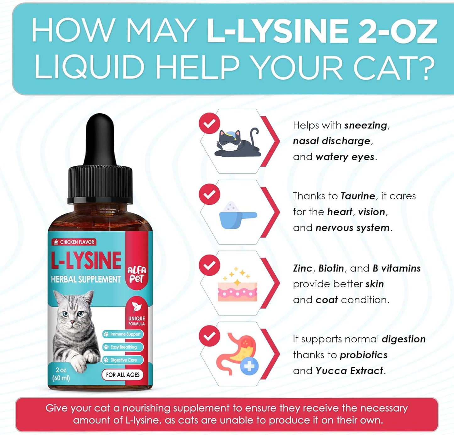 Liquid L Lysine for Cats – Aid for Watery Eyes, Sneezing & Allergy – Supplement with Taurine & Vitamins for All Breeds – Cat Probiotic for Digestion Care – Natural Chicken Flavor – 2 oz + 2 oz Pack