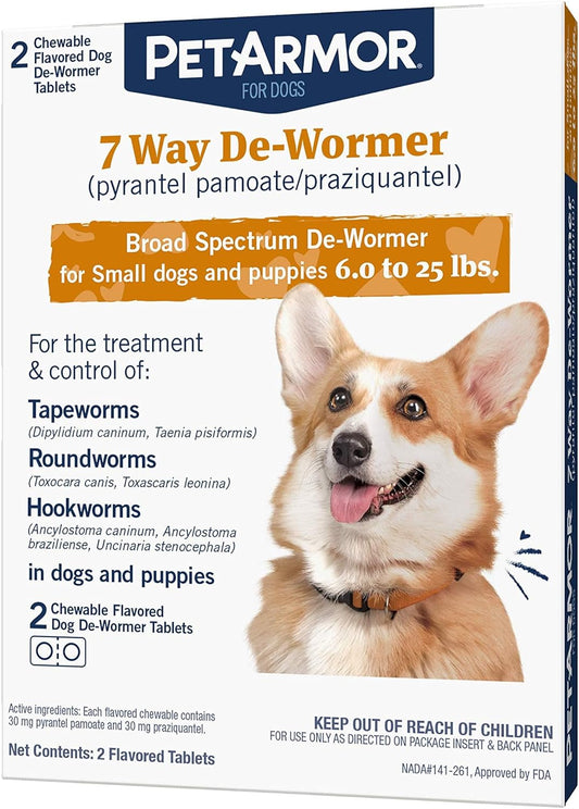 PetArmor 7 Way De-Wormer for Dogs, Oral Treatment of Tapeworm, Roundworm & Hookworm, Dewormer for Puppies & Small Dogs (6-25 lbs), Worm Remover (Praziquantel & Pyrantel Pamoate), 2 Flavored Chewables
