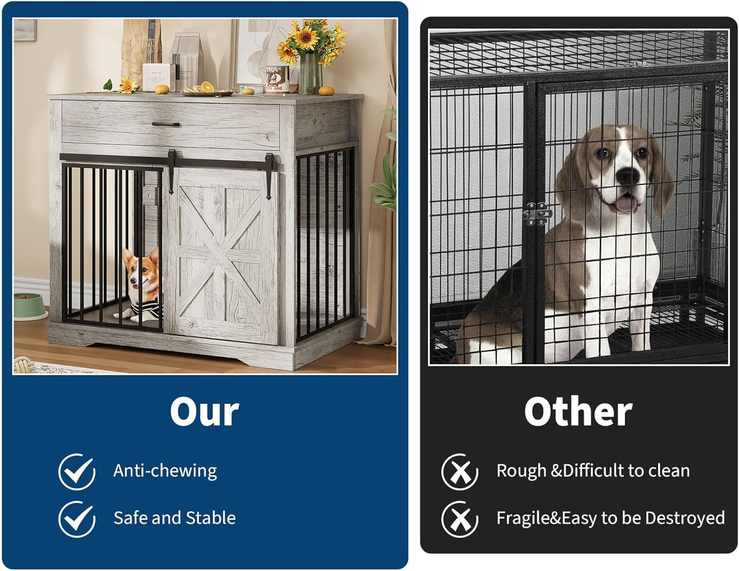 37.8" W Dog Crate Furniture for Small/Medium Dogs, 2-in-1 Iron-Wood Fusion Dog Cage Indoor As Side End Table, Farmhouse Dogs Kennel with Sliding Barn Doors & Storage Drawer, Grey