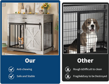 37.8" W Dog Crate Furniture for Small/Medium Dogs, 2-in-1 Iron-Wood Fusion Dog Cage Indoor As Side End Table, Farmhouse Dogs Kennel with Sliding Barn Doors & Storage Drawer, Grey