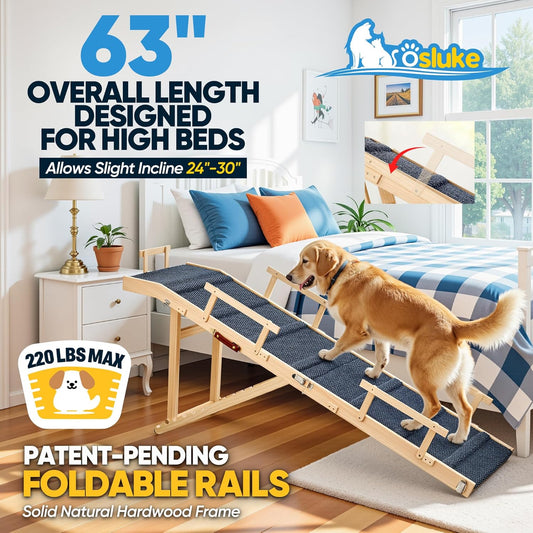 Dog Ramp for Bed with Rails, 64" Long Foldable Pet Ramp for Small Large Dogs, Dog Ramps for High Beds with Safety Side Railng, 6 Adjustable Heights 24" to 30" Up to 220LBS (Gray, 63" X 17inch)