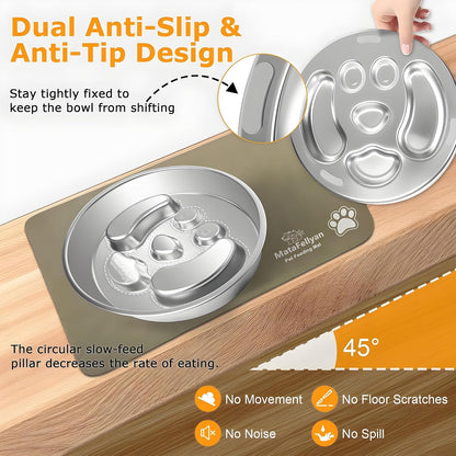 Slow Feeder Dog Bowl with Waterproof & Non-Slip Ultra Absorbent Food Mat(19.68''×11.8''), Non-Slip&Dual-Layer Stainless Steel 2 Cups Capacity Dog Bowl Fast Eaters & Slows Down Pets Essentials Gift