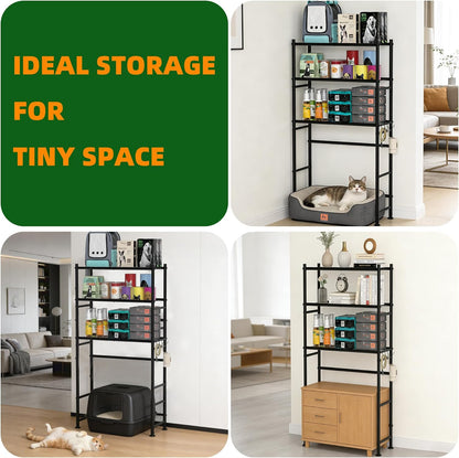 Over The Dog Crate Storage Shelf, 3-Tier Metal Dog Crate Furniture Stand for Most Breed Sizes, Freestanding Above The Cat Litter Box Shelves, Pet Supplies Organizer with Adjustable Feet, Black