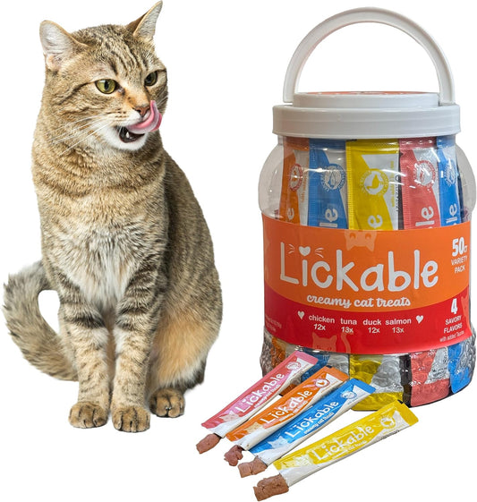 Fieldcrest Farms Lickable Creamy Cat Treats – 50ct Variety Pack – 4 Savory Flavors (Chicken, Tuna, Duck, Salmon) with Taurine – Smooth, Tasty Cat Treat Tubes – Serve by Hand, Dish, or as a Topper