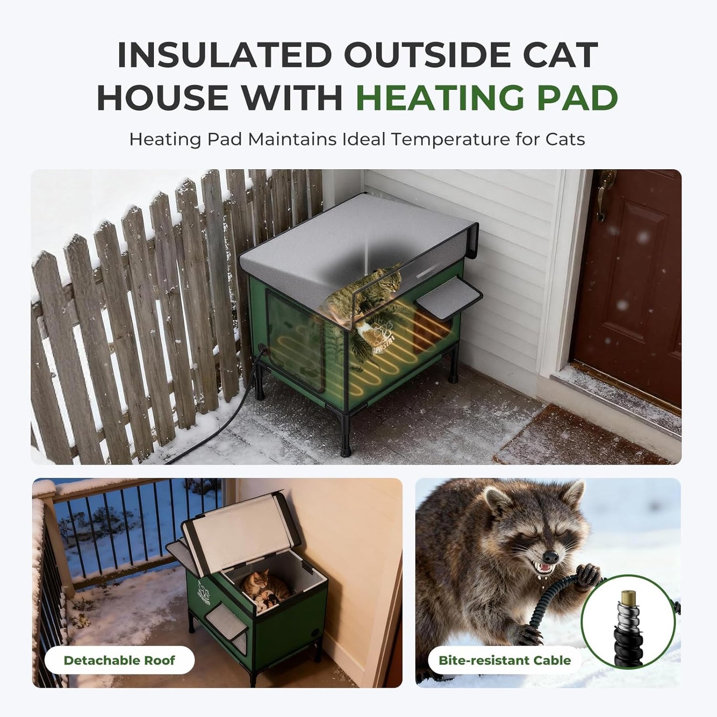 Apasiri Heated Cat House for Outdoor: Weatherproof Outside Cat Shelter, Insulated Cat House Outdoor with Heated Pad, Sloping Roof & Escape Door, Elevated Base for Stray Cats, Small