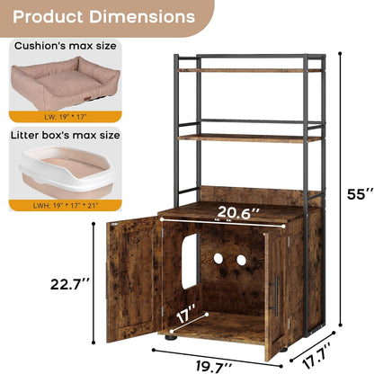 Cat Litter Box Enclosure with 2-Tier Storage Shelves and Doors, Hidden Cat Washroom Furniture with 2 Doors and Ventilation Holes, Indoor Large Cats House Cabinet Bookshelf for Most Litter Box - Brown