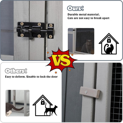 COZIWOW Large Wood Cat Catio, Outdoor Enclosure with Weatherproof Roof, 2 Resting Rooms, 2 Platforms, 4-Tier Cat Playpen (Grey with Pattern)