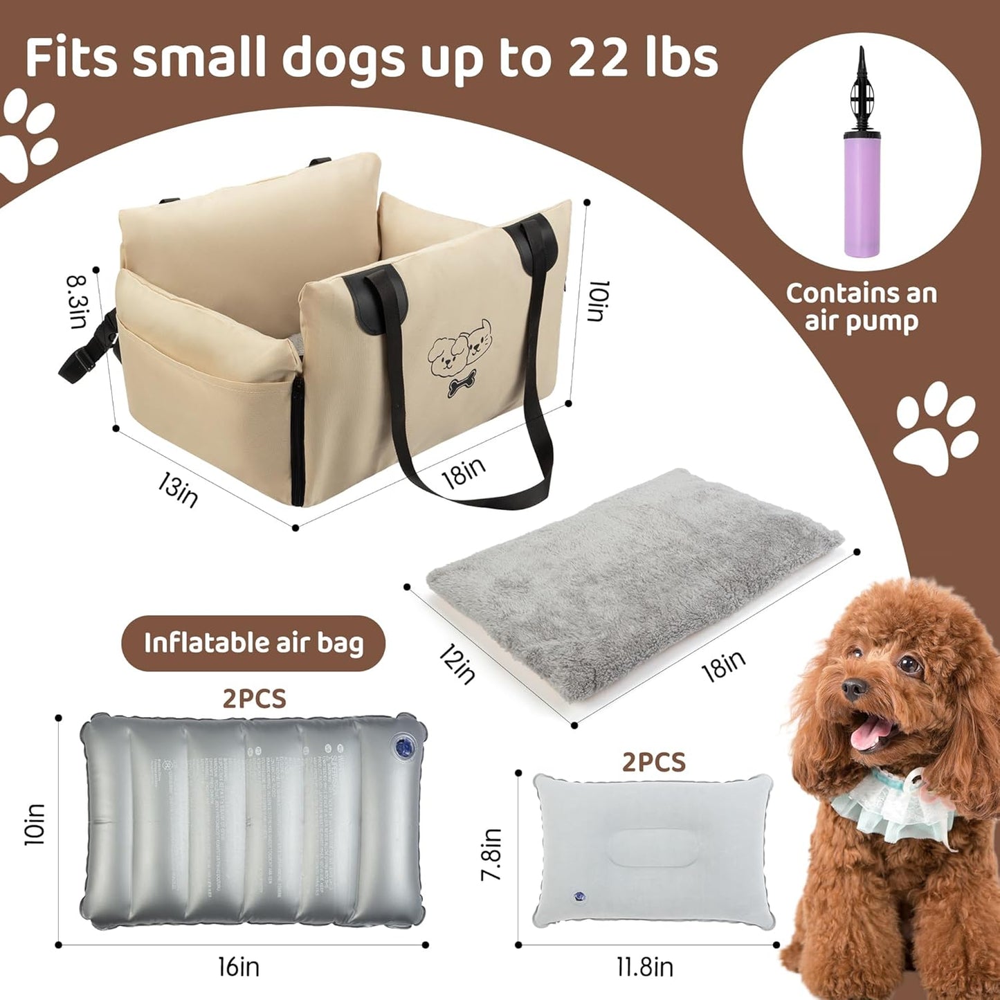 FEXIA Small Dog Car Seats for Small Dogs, Waterproof Dog Bed with Storage Pockets, Clip on Safety Leash and Thickened Memory Foam Filling, Pet Car Seat Puppy Travel Carrier Bed