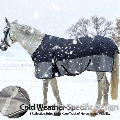 300g Fill 1200D Mid-Heavy Weight Winter Waterproof and Breathable Horse Blanket Belly Straps| Turnout Blankets with Reflective Strips (Black/Gray, 66'')